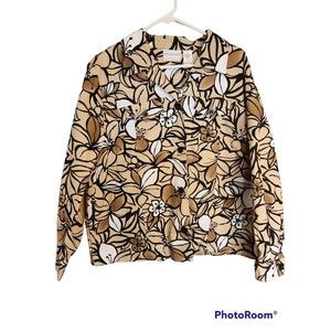 Alfred Dunner Sz 16W Floral Tan Black Blazer Jacket Buttoned